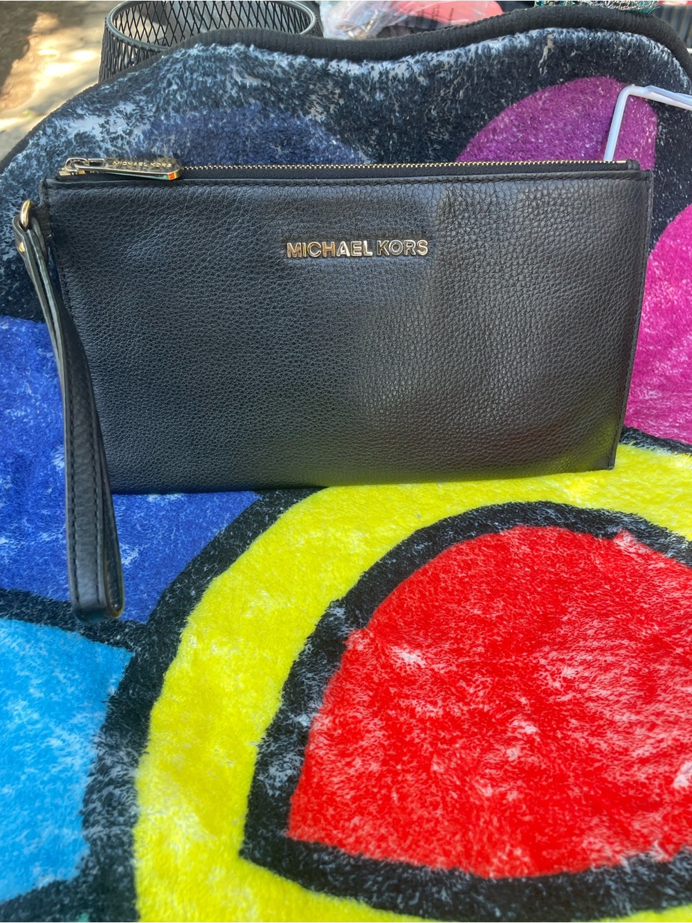 Michael Kors Black Leather Zip Wristlet with Gold Hardware